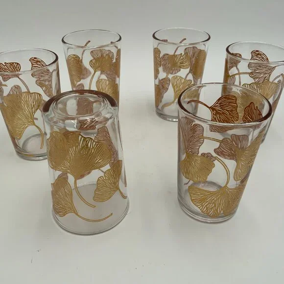 Set of 6 Vintage Moroccan Tea Glasses with Gold Gingko Leaf 4" - Picture 5 of 5